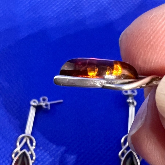 VTG Amber Necklace Earrings Set .925 Silver Setting Celtic Style EUC - Picture 7 of 12